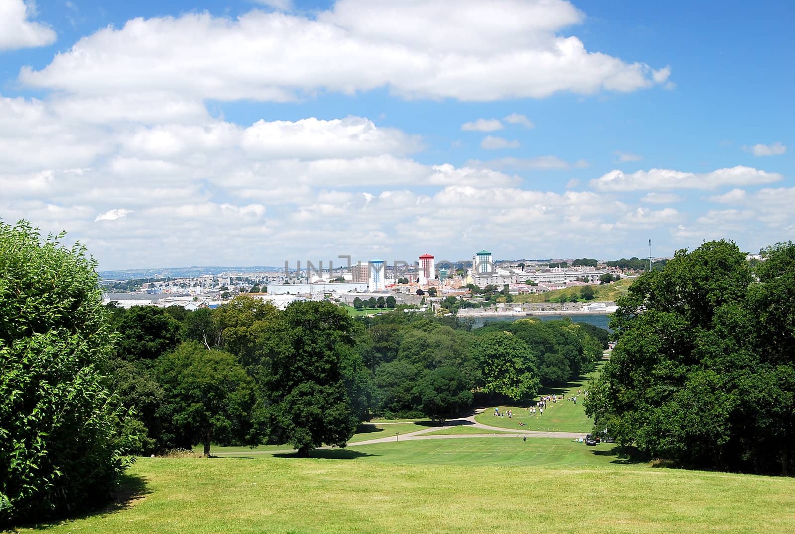 The City of Plymouth Devon from the Lawn of Mount Edgecumbe Torpoint showing the prominent Council Apartments