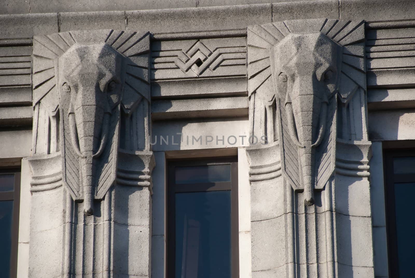 Elephant Head Carvings on an Art Deco Building in Halifax Yorkshire