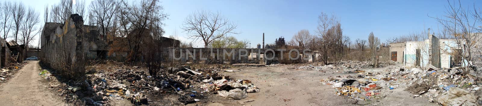 Ruins of city, trash, panorama, ecology
