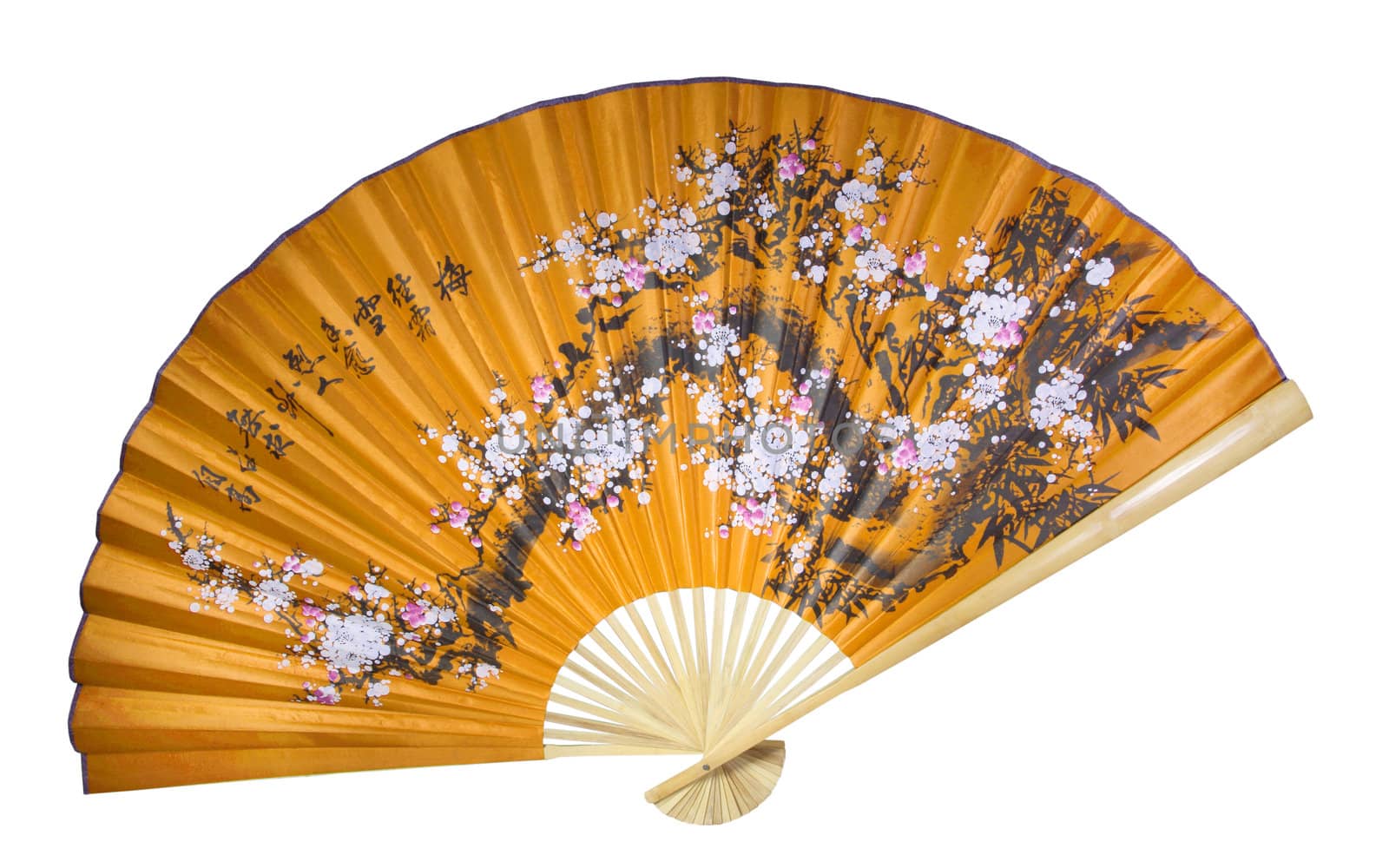 Yellow Chinese fan on the white background. (isolated)
