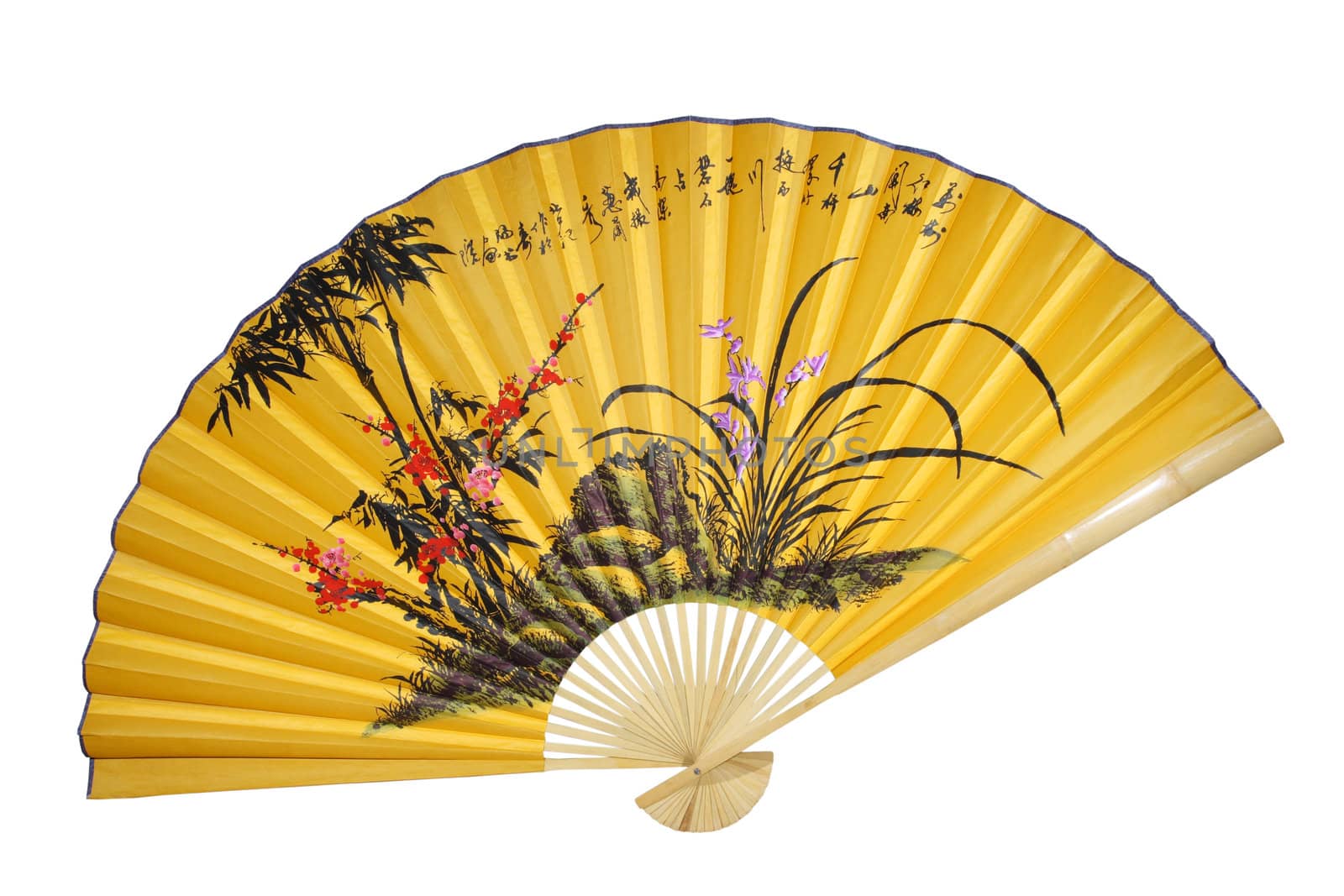 Yellow Chinese fan on the white background. (isolated)
