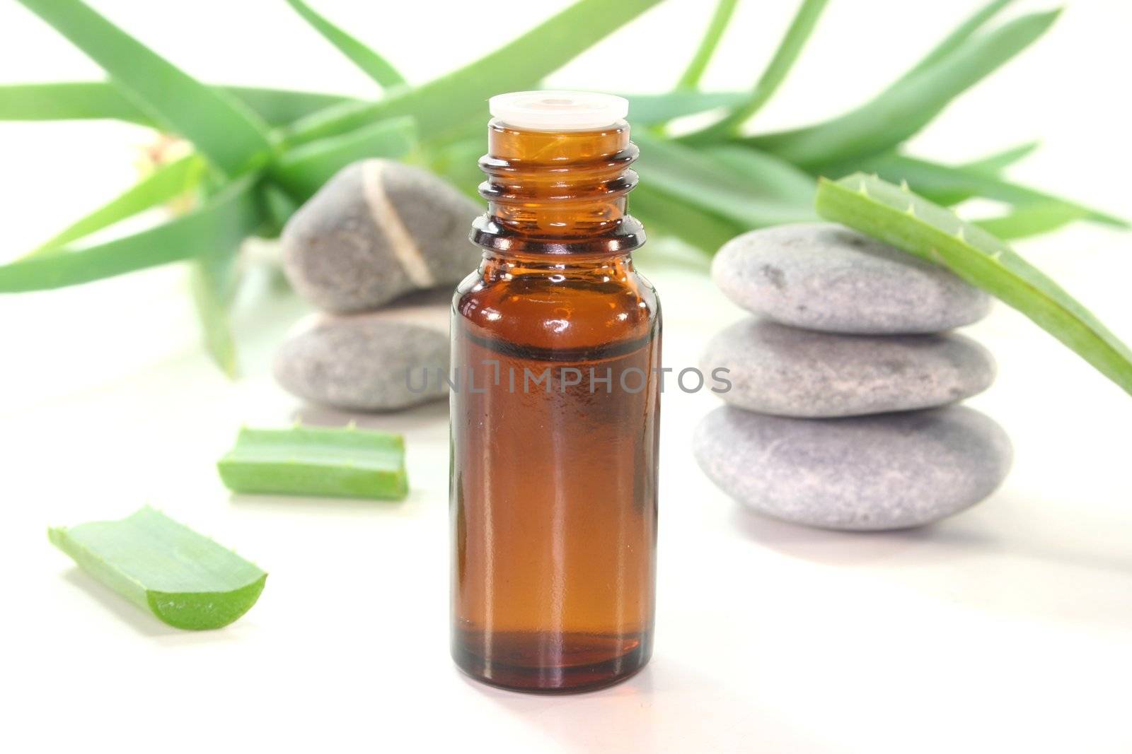 Aloe Vera drops with bottles, Aloe Vera and pebbles on white background