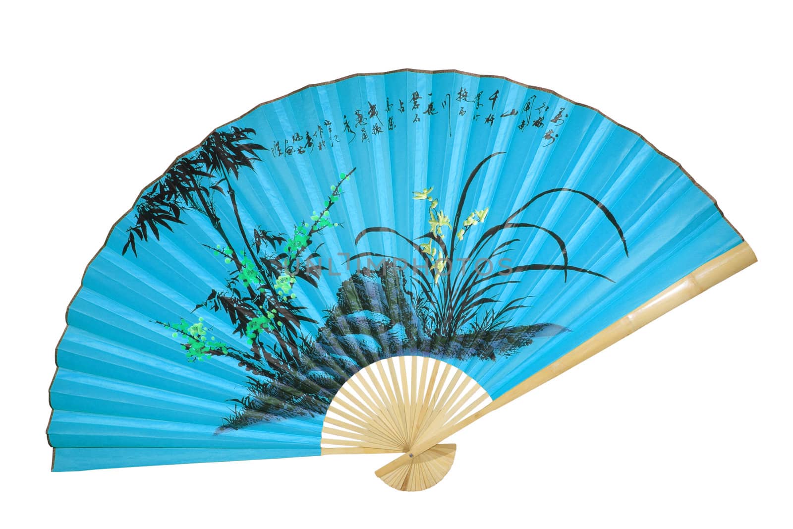 blue Chinese fan on the white background. (isolated)
