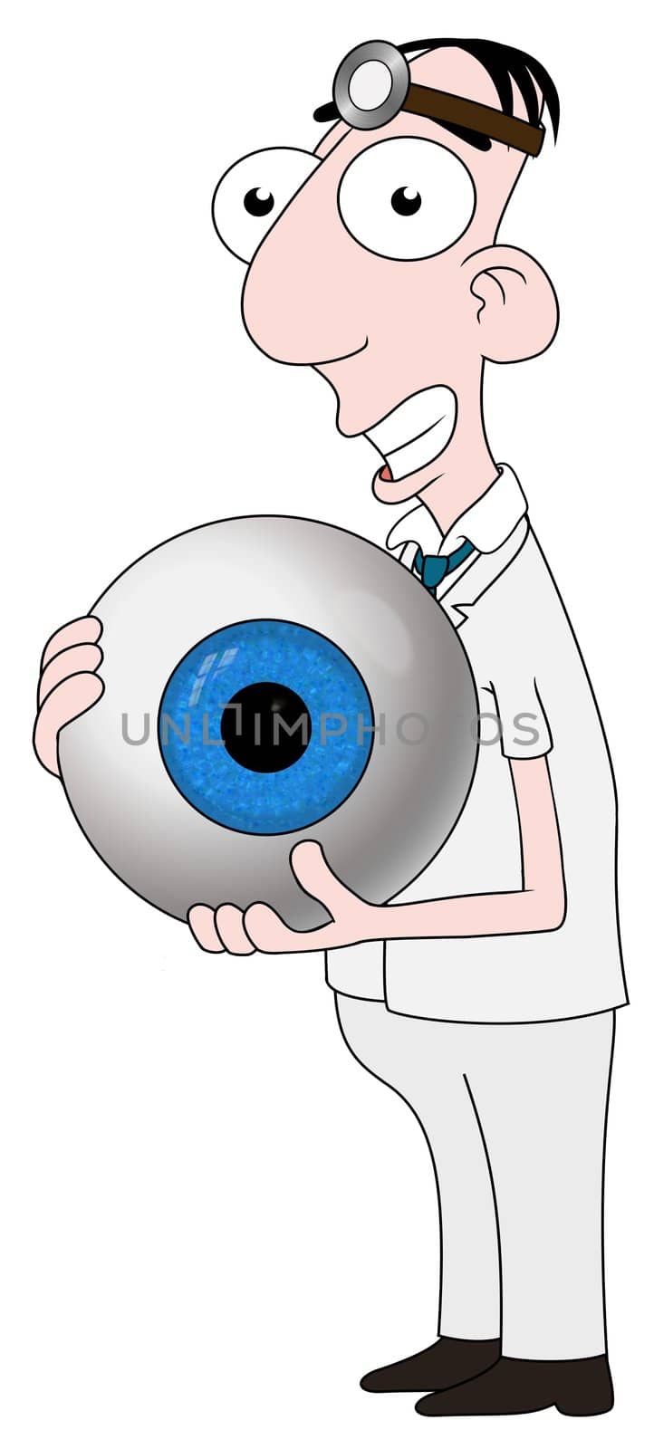 Isolated cartoon Optician character holding an eyeball