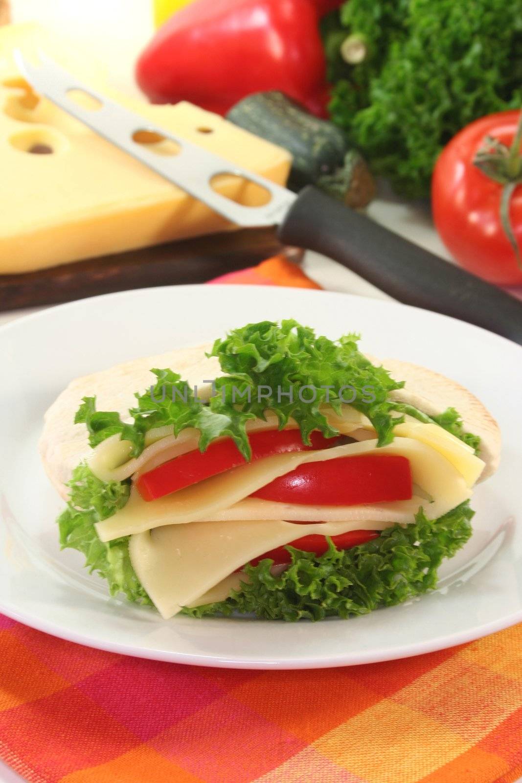 Pita with lettuce, cheese, and peppers on a white background