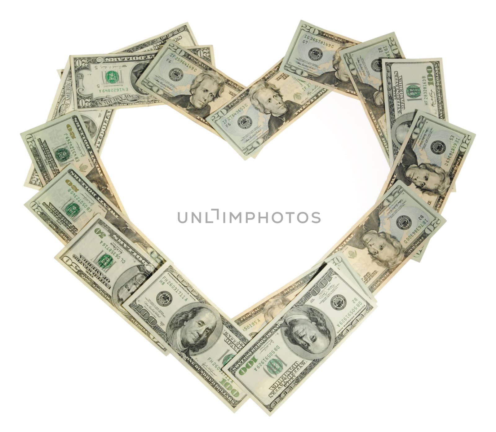 Heart of the money on the white background, to the day of Sainted Valentine
