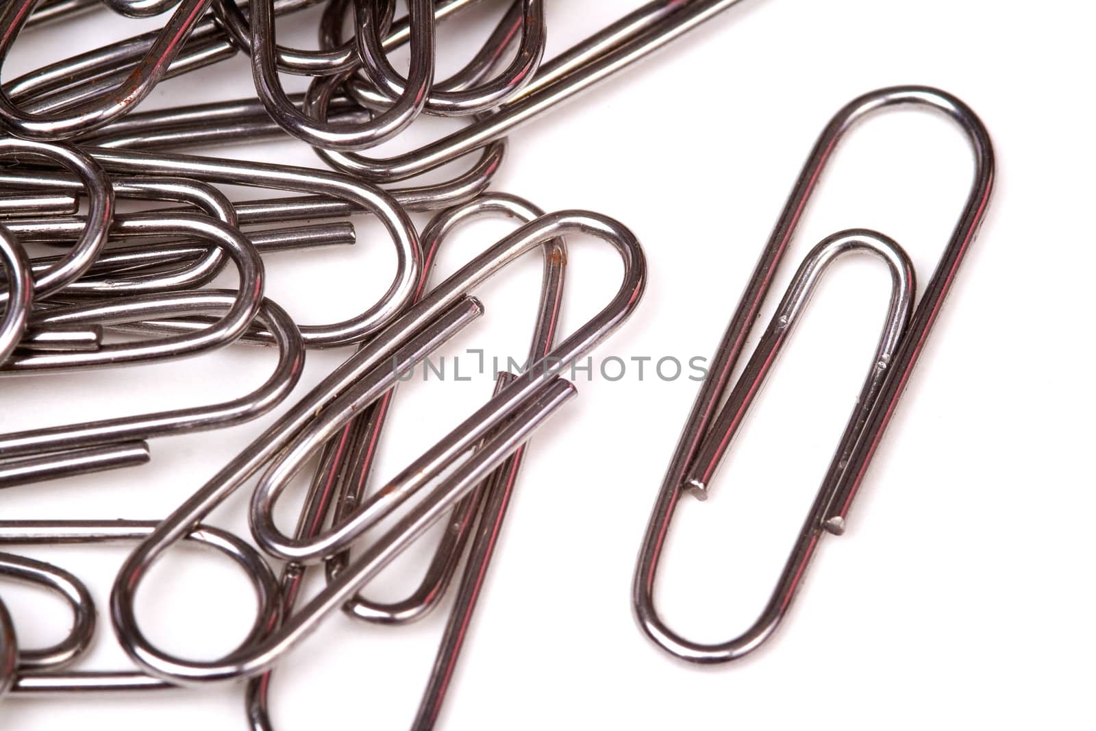 A lot of metal paperclips on a white background