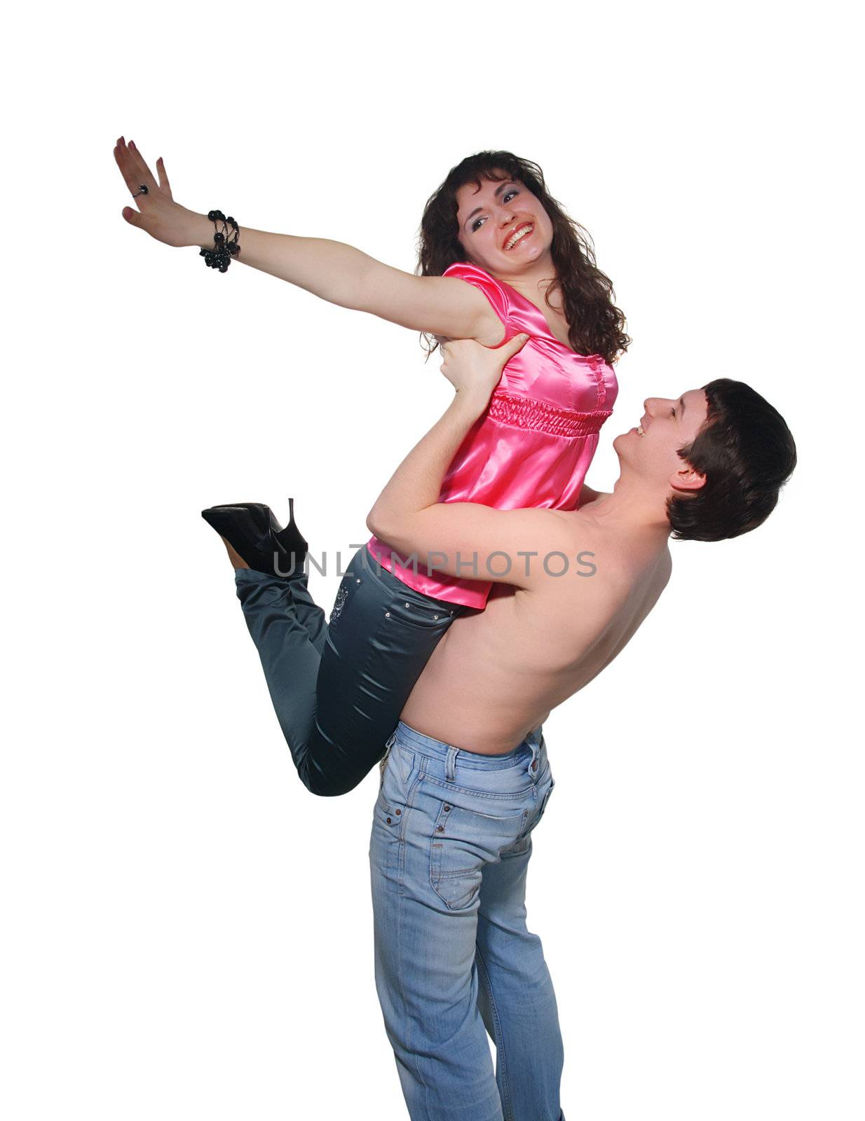 fellow holds on hands a young beautiful girl on the white background
