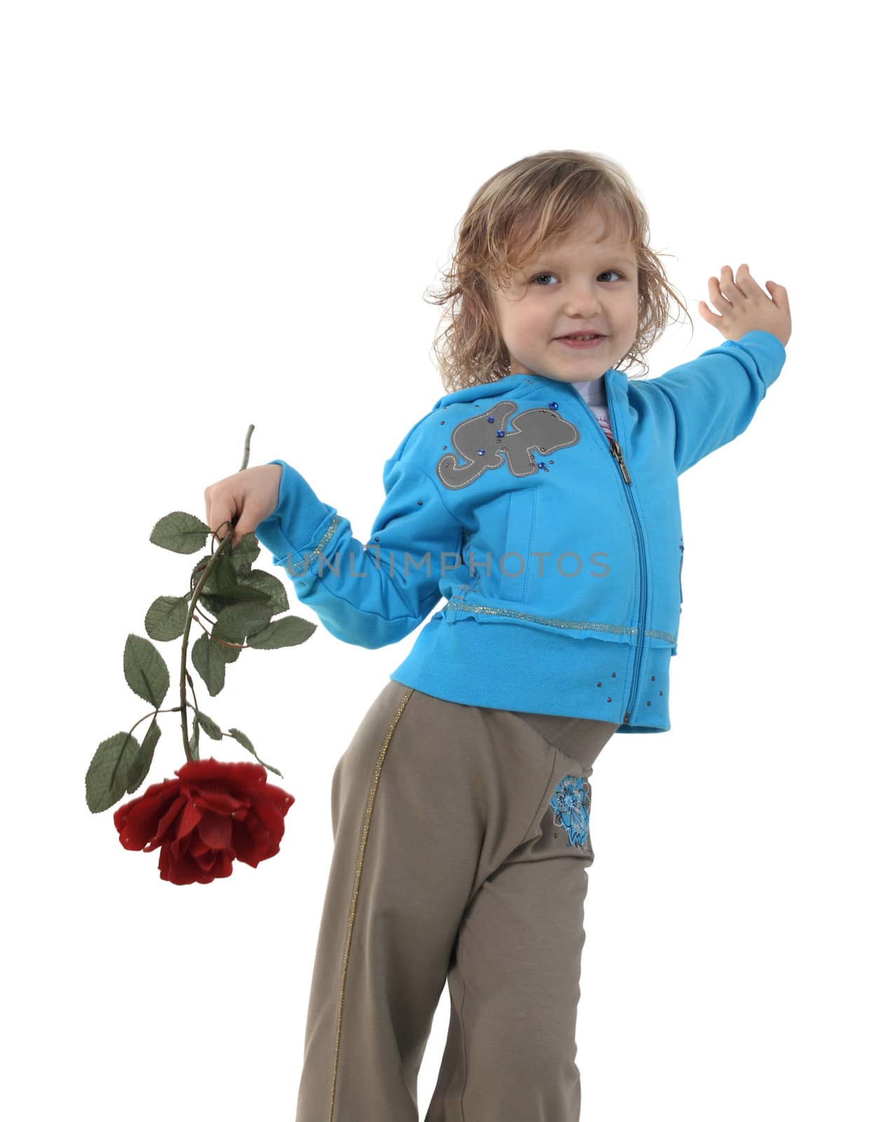 Little girl with a red rose on the white background

