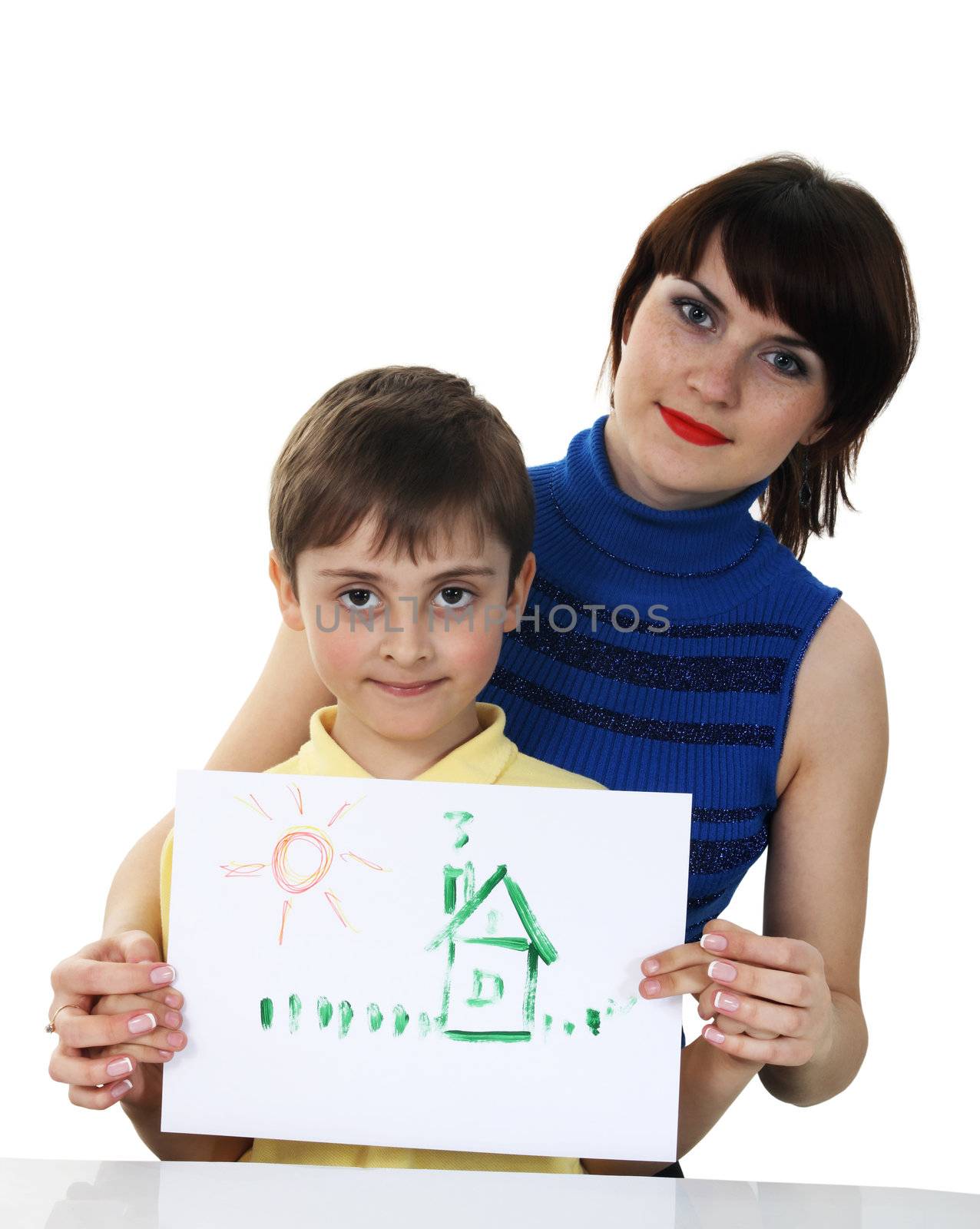 small boy and a young girl with colored pencils on the white background
