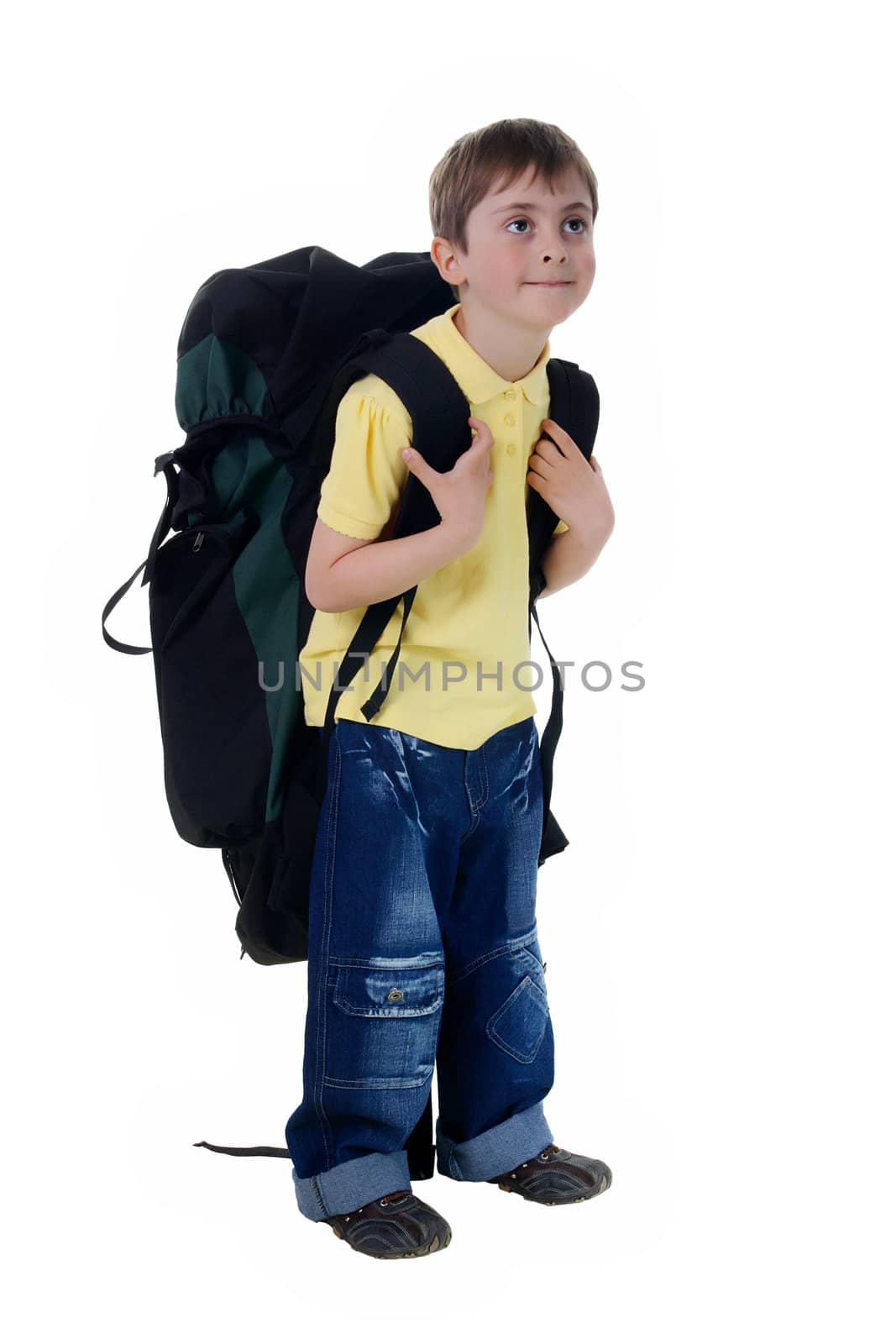 Little boy with a large tourist backpack on the white background. (isolated)