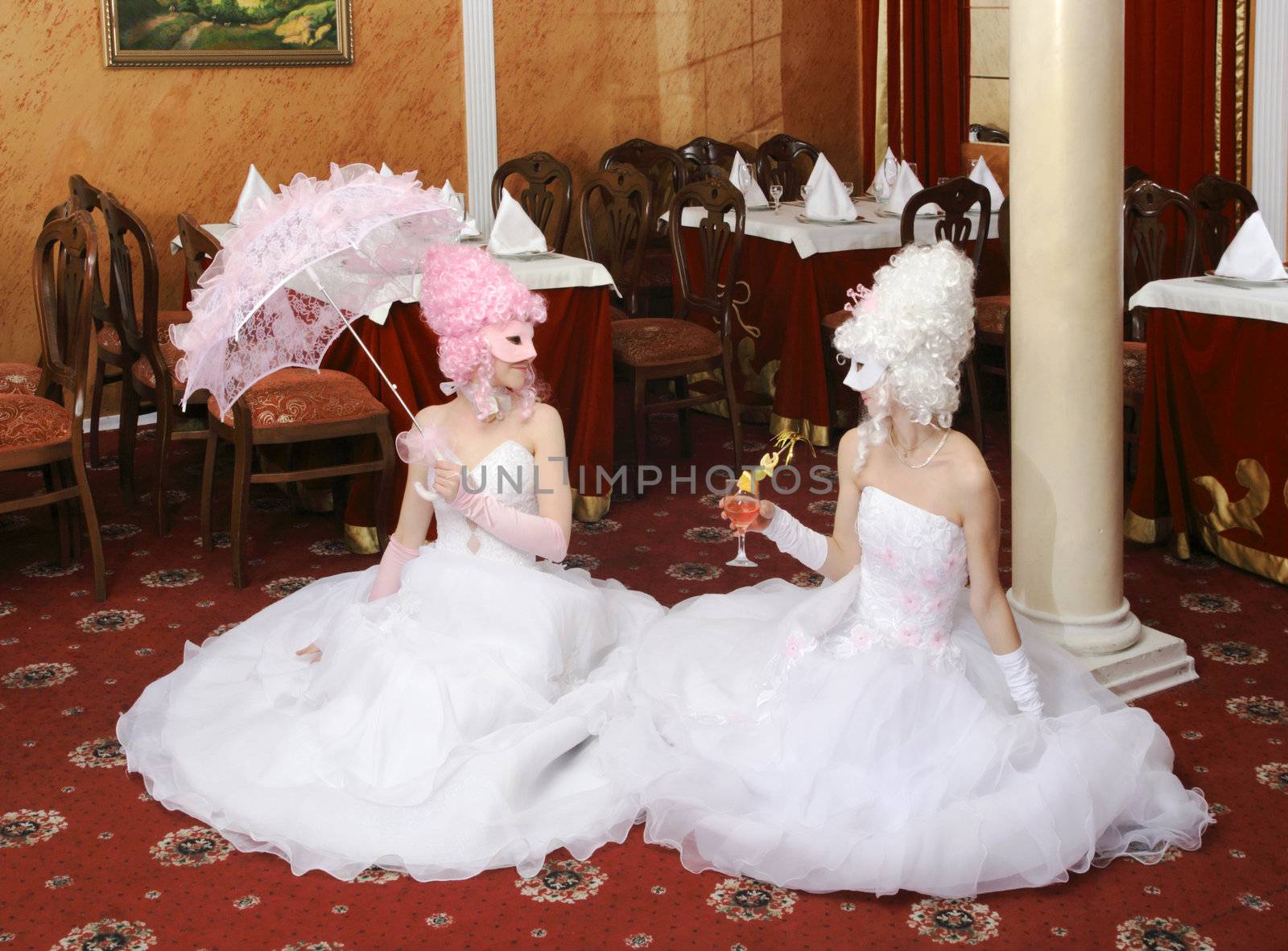 Two girls in wedding dresses and masks by aptyp_kok