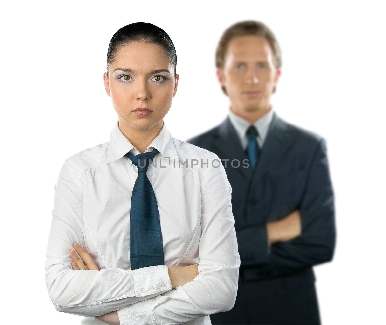 Businesswoman and man on white background
