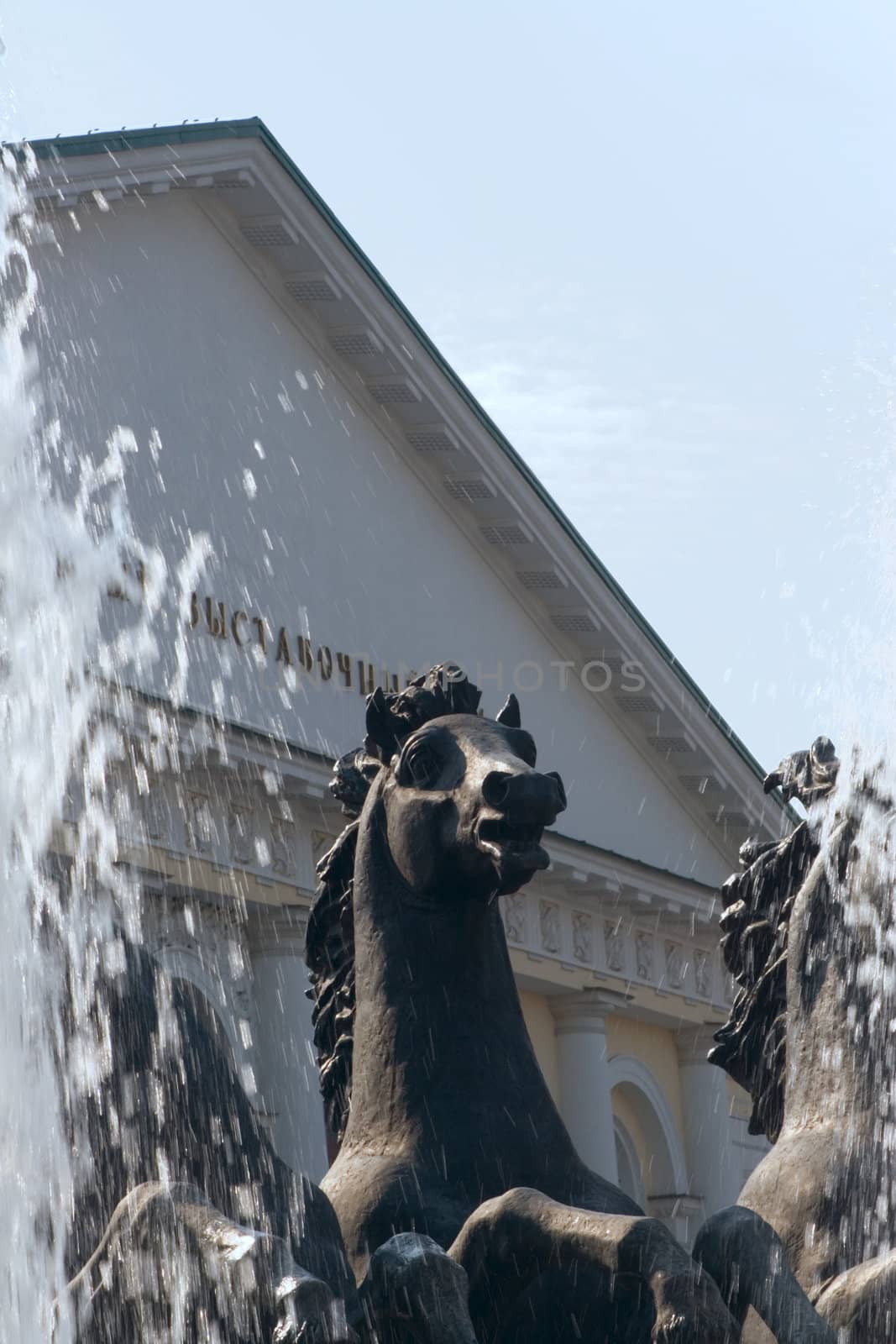 Fountain with three statue of horses on Manezhnaya Square in Moscow
