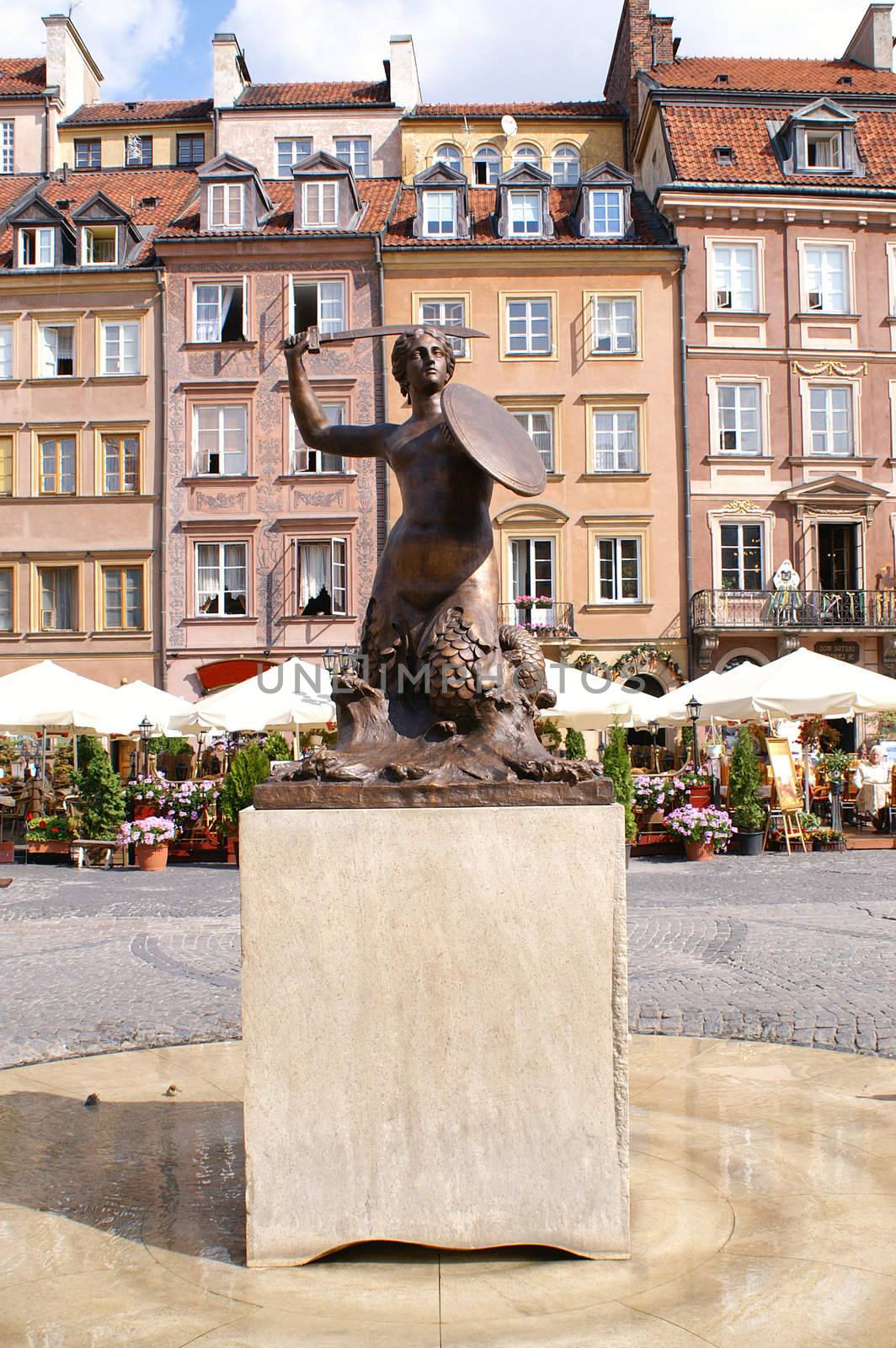Mermaid symbol of Warsaw, old town, Poland