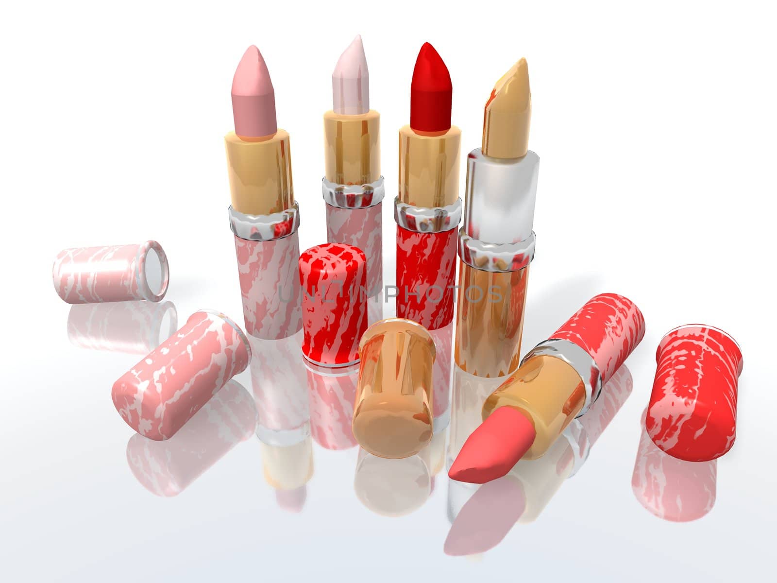 a 3d rendering of some red and pink lipsticks