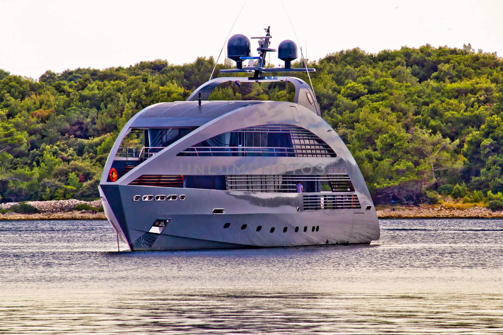 Modern design hi tech luxury yacht anchored in Mali Losinj bay, Croatia