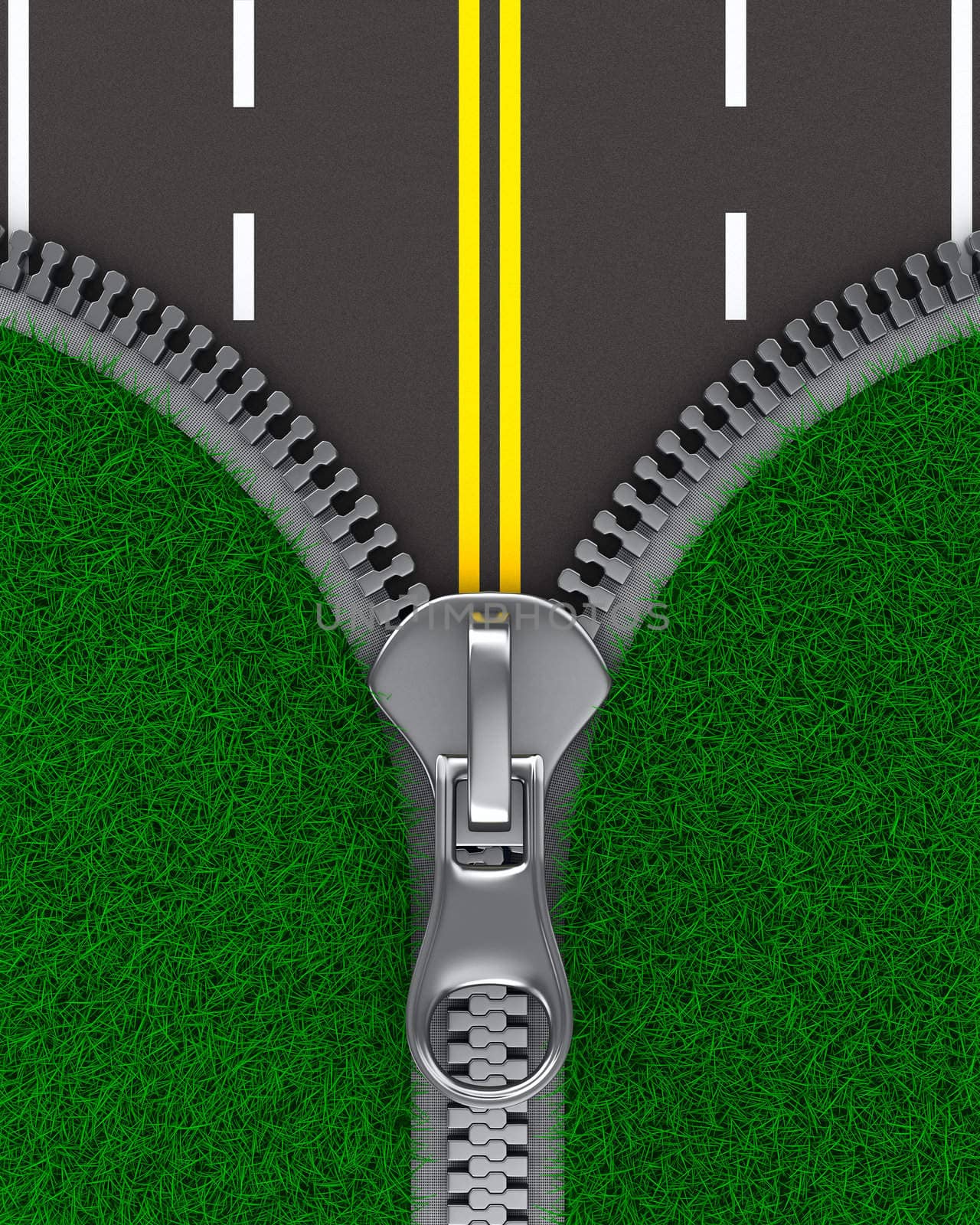 Zipper with grass and road. Isolated 3D image