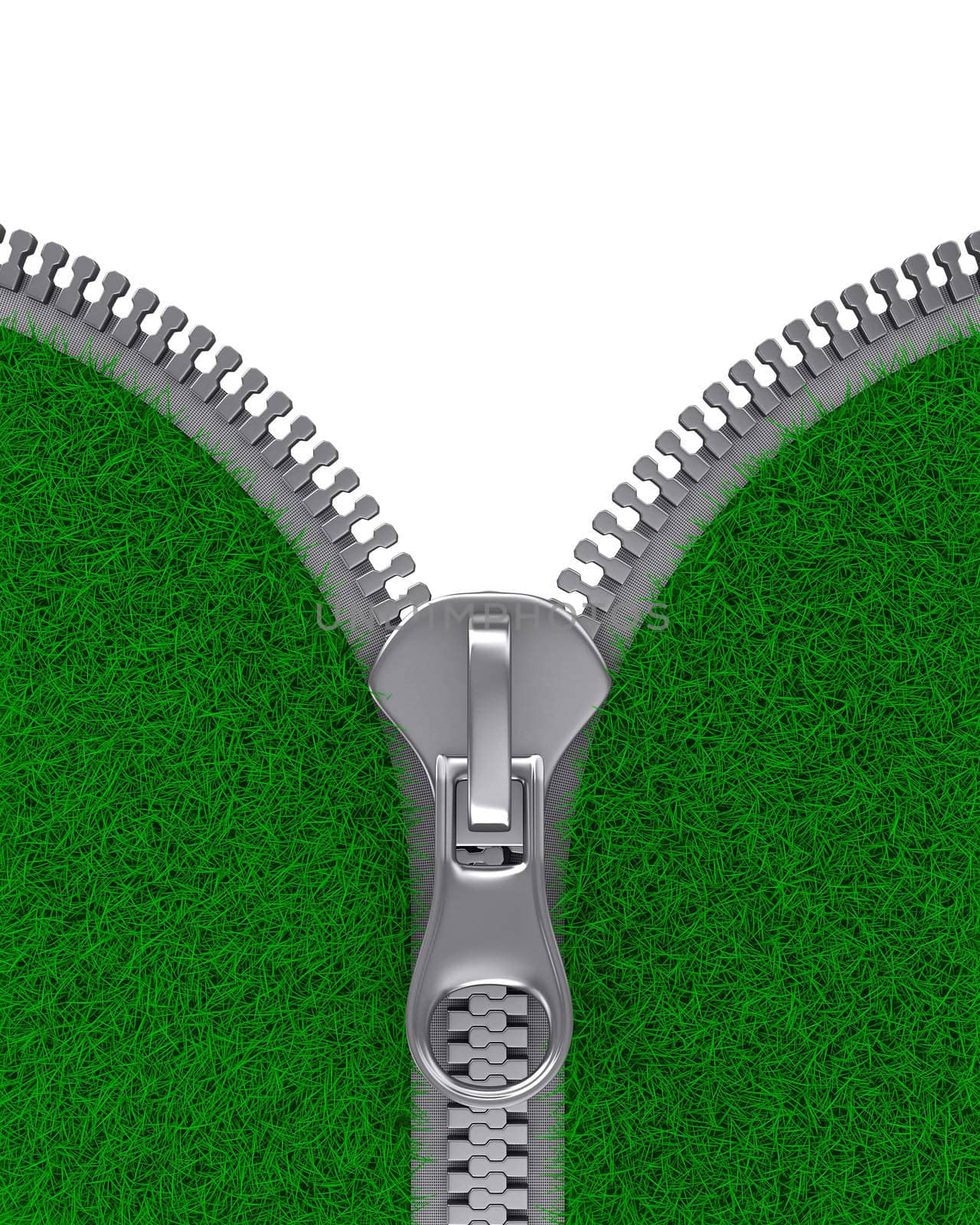 Zipper with grass on white background. Isolated 3D image