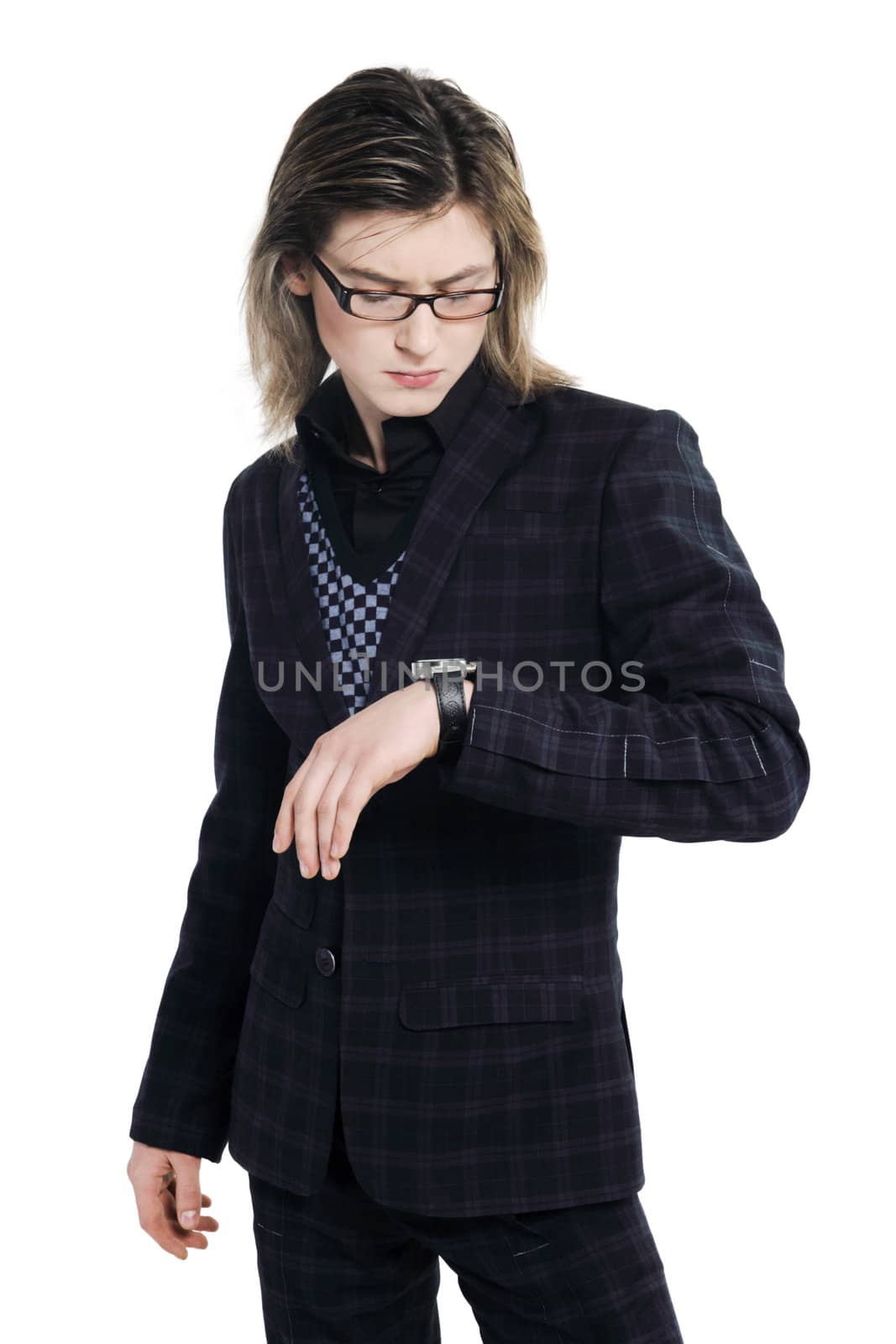 young man of looking at the watch on the white background
