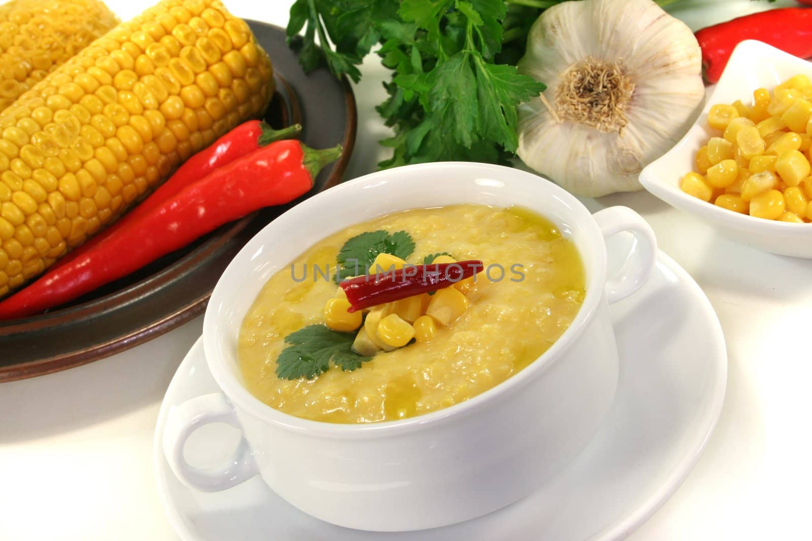 Corn soup with garlic, sweet corn, chilli and coriander