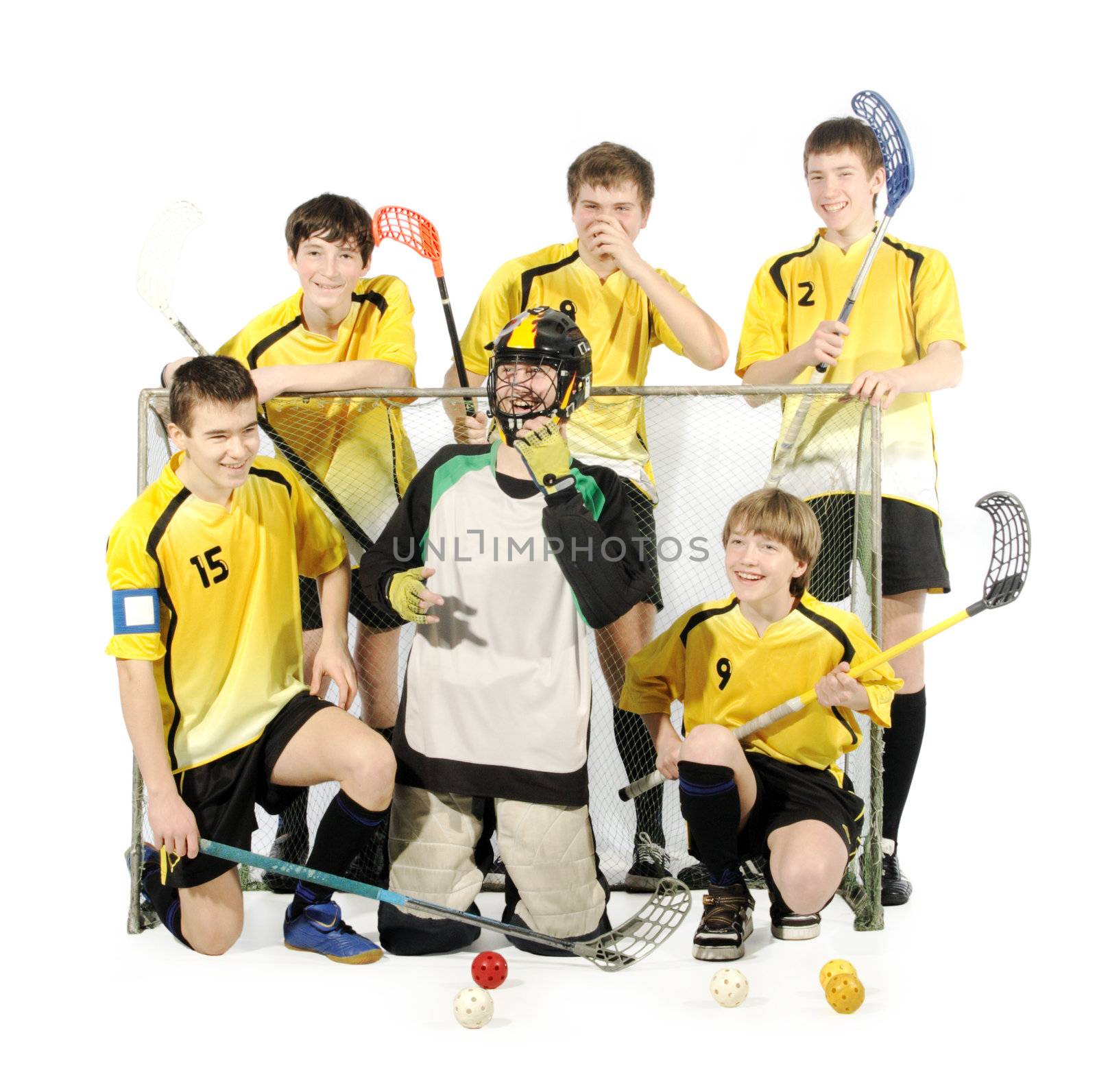 floorball players and goalkeeper on the white background
