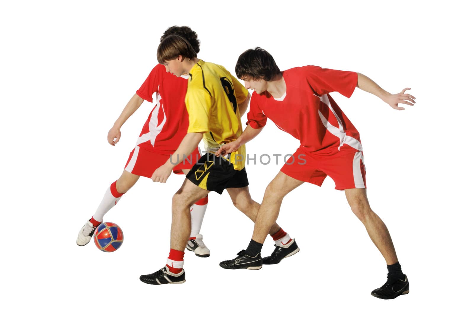 Boys with soccer ball, Footballers on the white background. (isolated)
