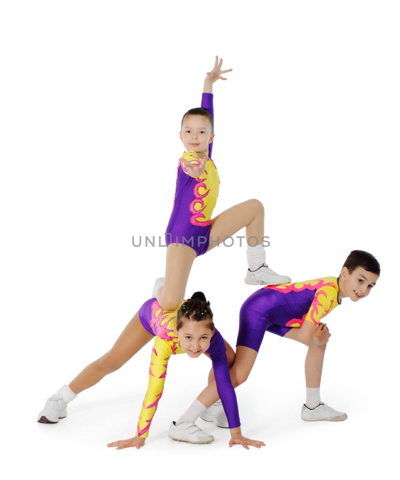 Speech by the young athlete aerobics on the white background