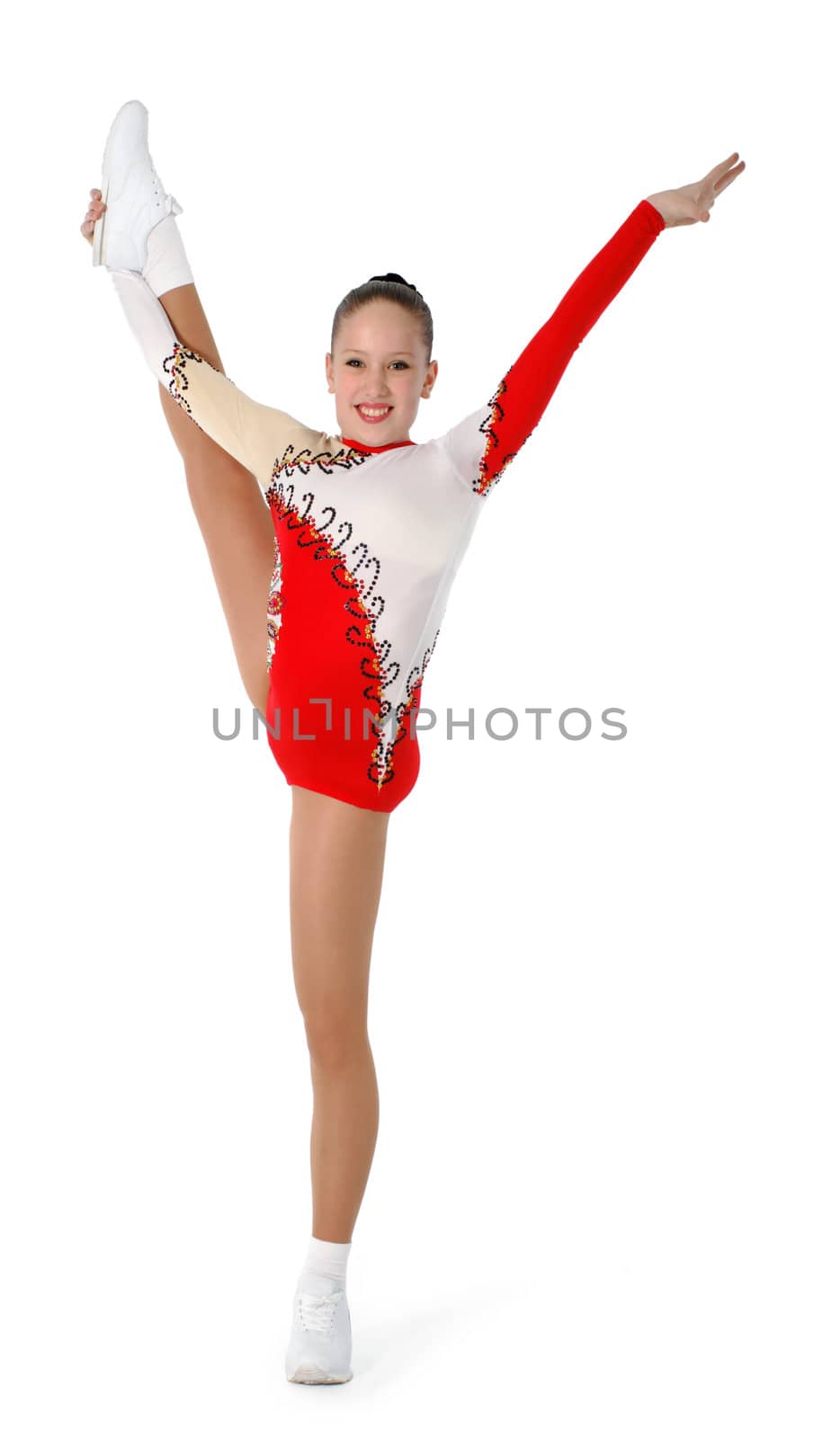 Speech by the young athlete aerobics on the white background
