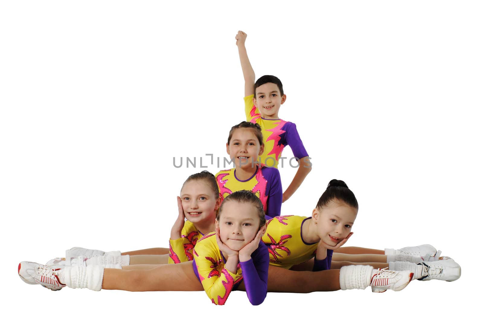Performance by the young athlete aerobics on the white background
