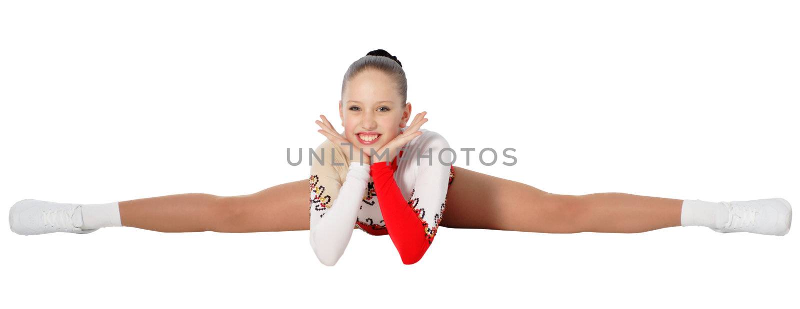 Speech by the young athlete aerobics on the white background
