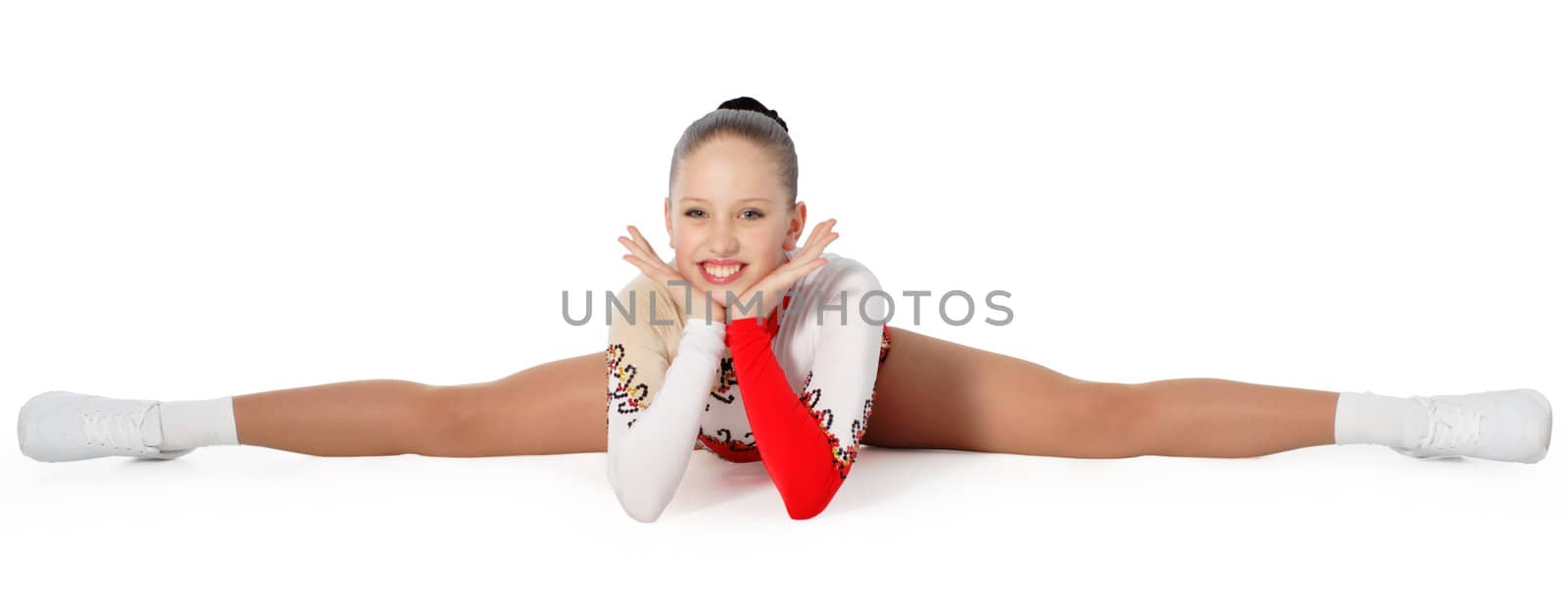 Speech by the young athlete aerobics on the white background
