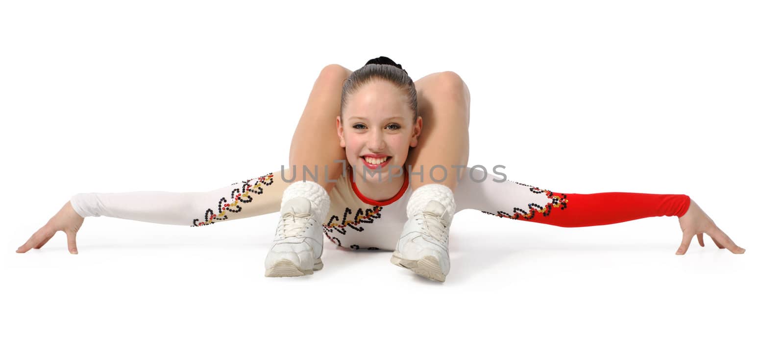 Speech by the young athlete aerobics on the white background
