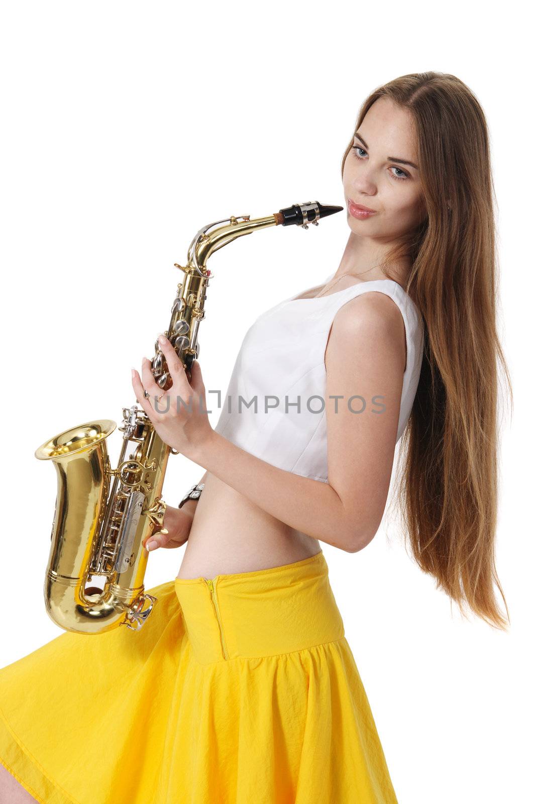 Girl with a sax musical instrument on tne white background