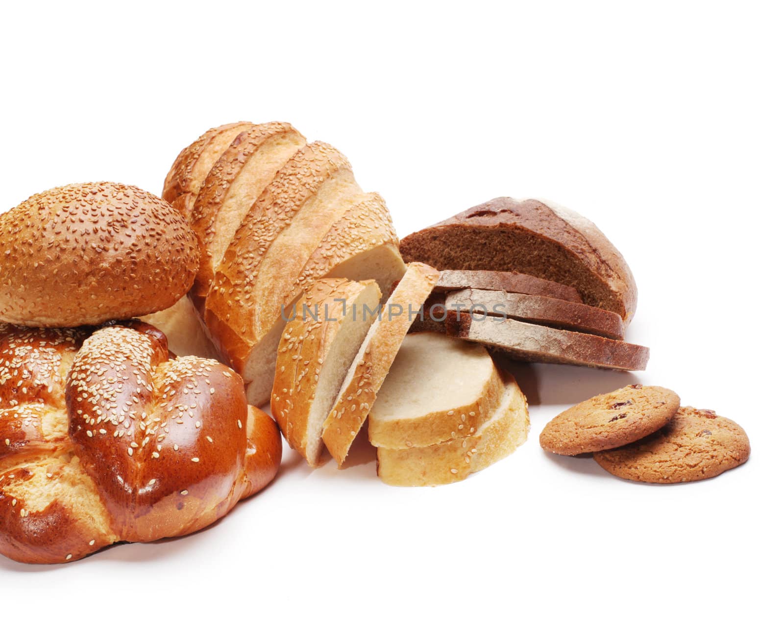 assortment of baked bread isolated on white
