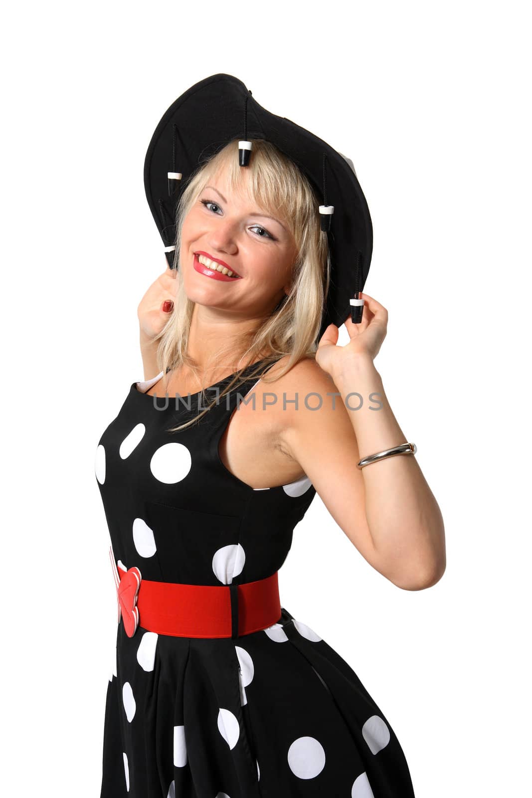 Portrait of beautiful young girl in the black hat on the white background
