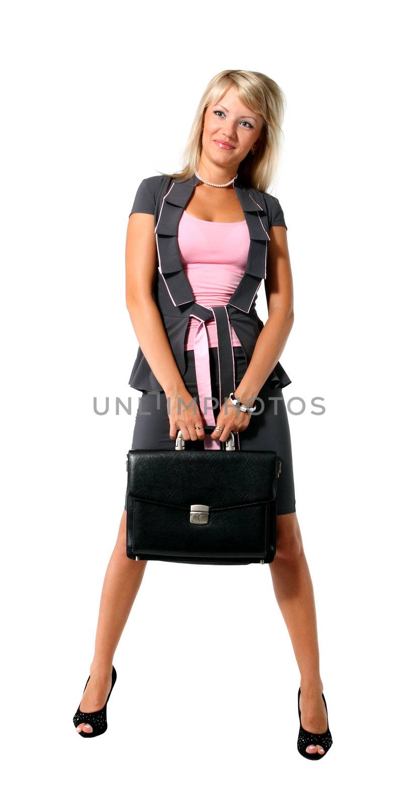 Young beautiful girl, a businesswoman with a briefcase on the white background
