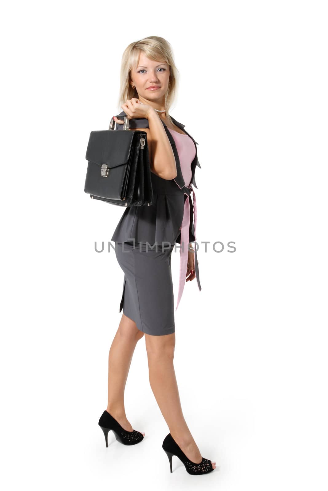 Young beautiful girl, a businesswoman with a briefcase on the white background
