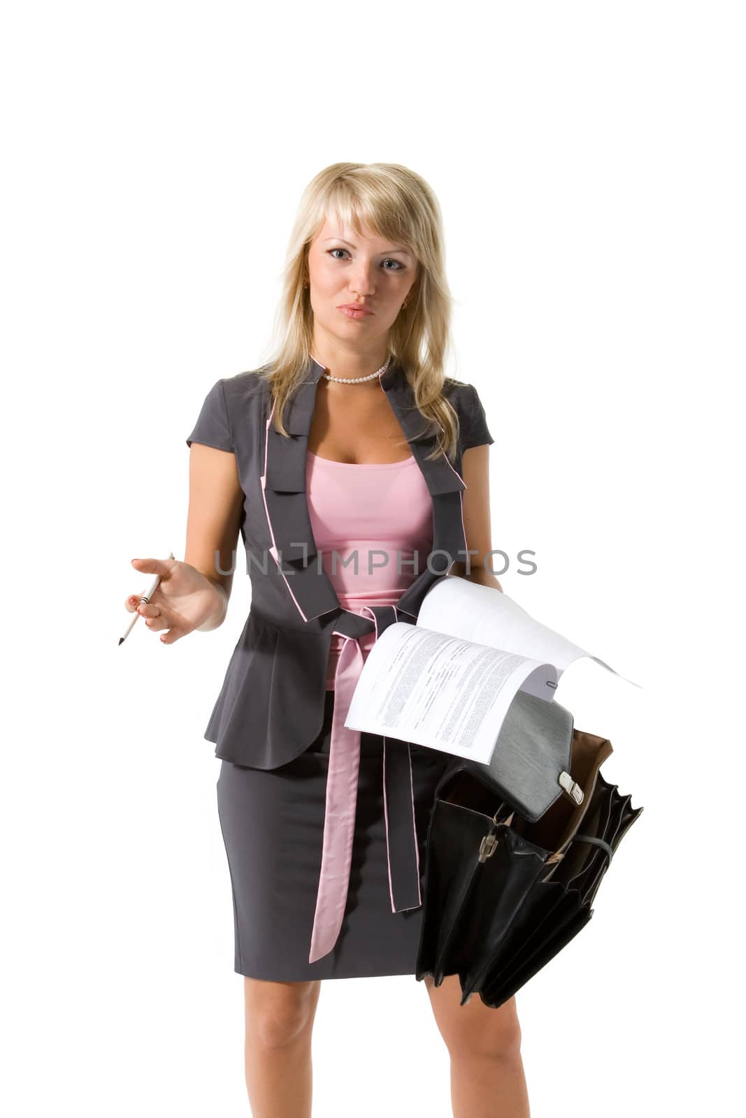 Young beautiful girl, a businesswoman with documents and briefcase on the white background
