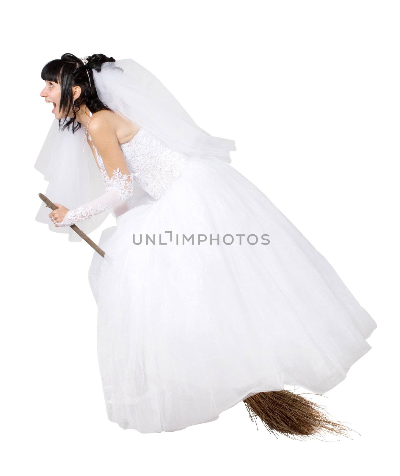 bride in white wedding dress on a broom, on the white
