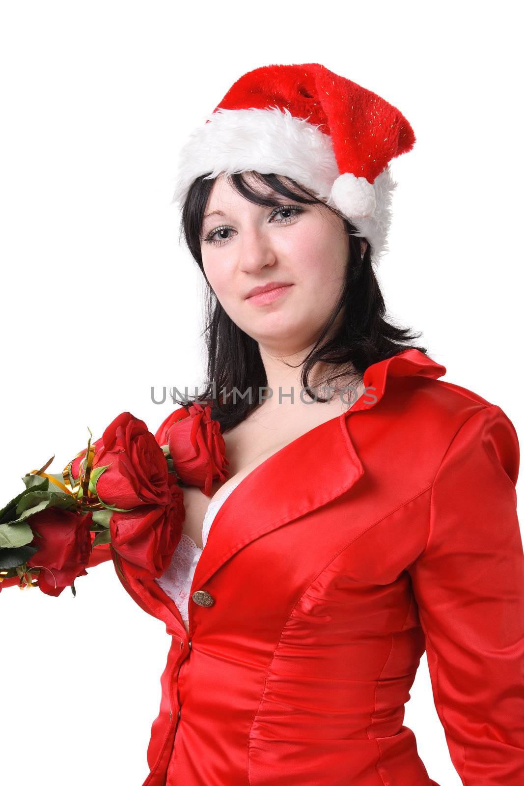 woman in a red suit and hat of Santa Claus with red roses by aptyp_kok