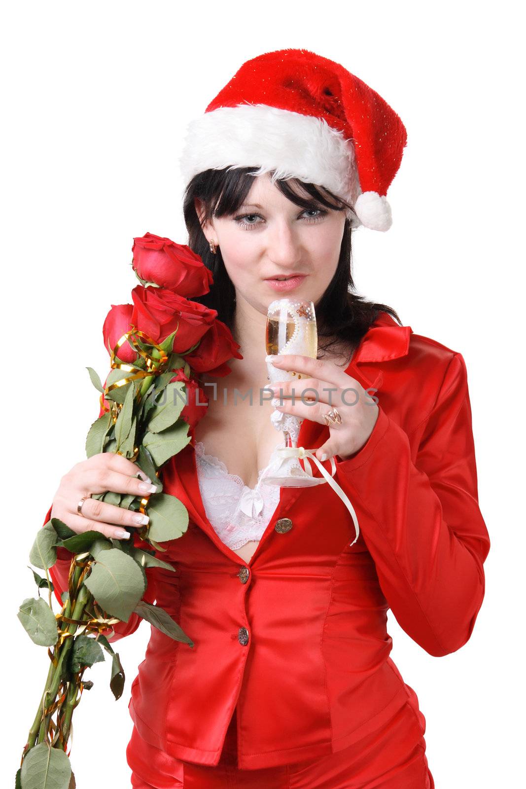 woman in a red suit and hat of Santa Claus with red roses and ch by aptyp_kok