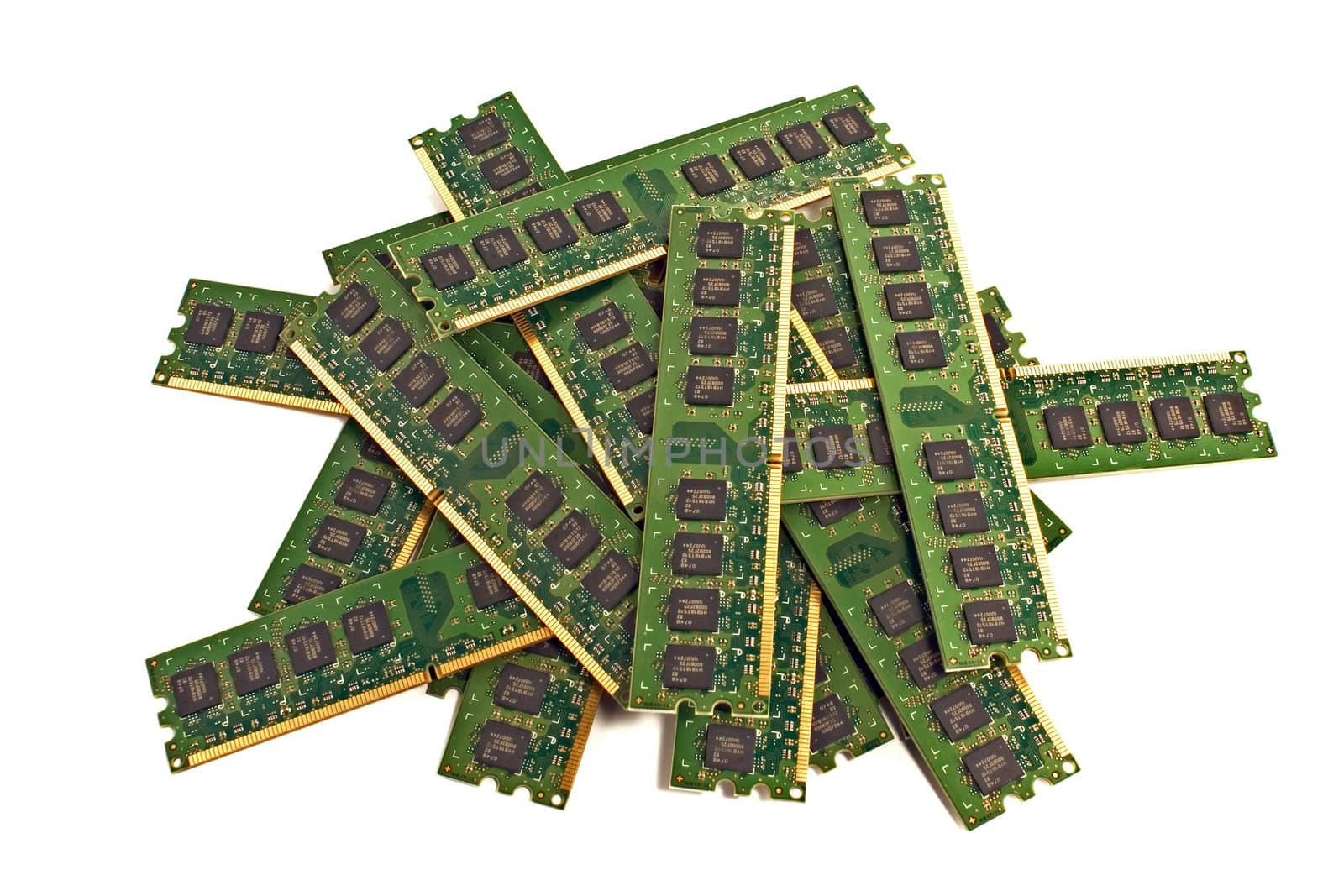 Heap of PC memory modules DDR2, isolated with soft shadows