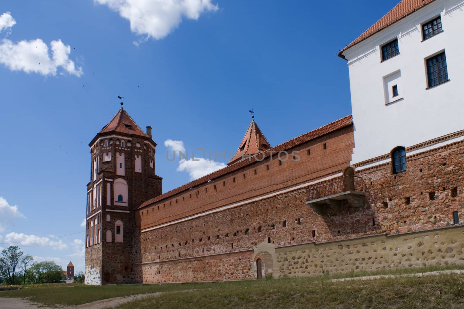 Tower and Wall with balcony of Mir Castle, Belarus