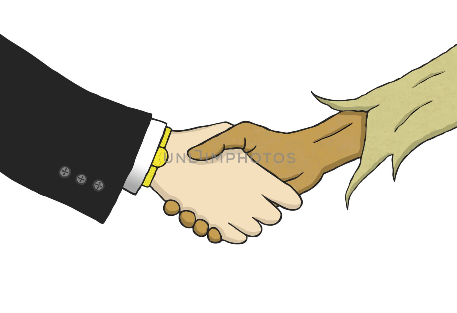 Hand drawn illustration that shows a handshake between a wealthy white man in suite and a poor black man in rags.