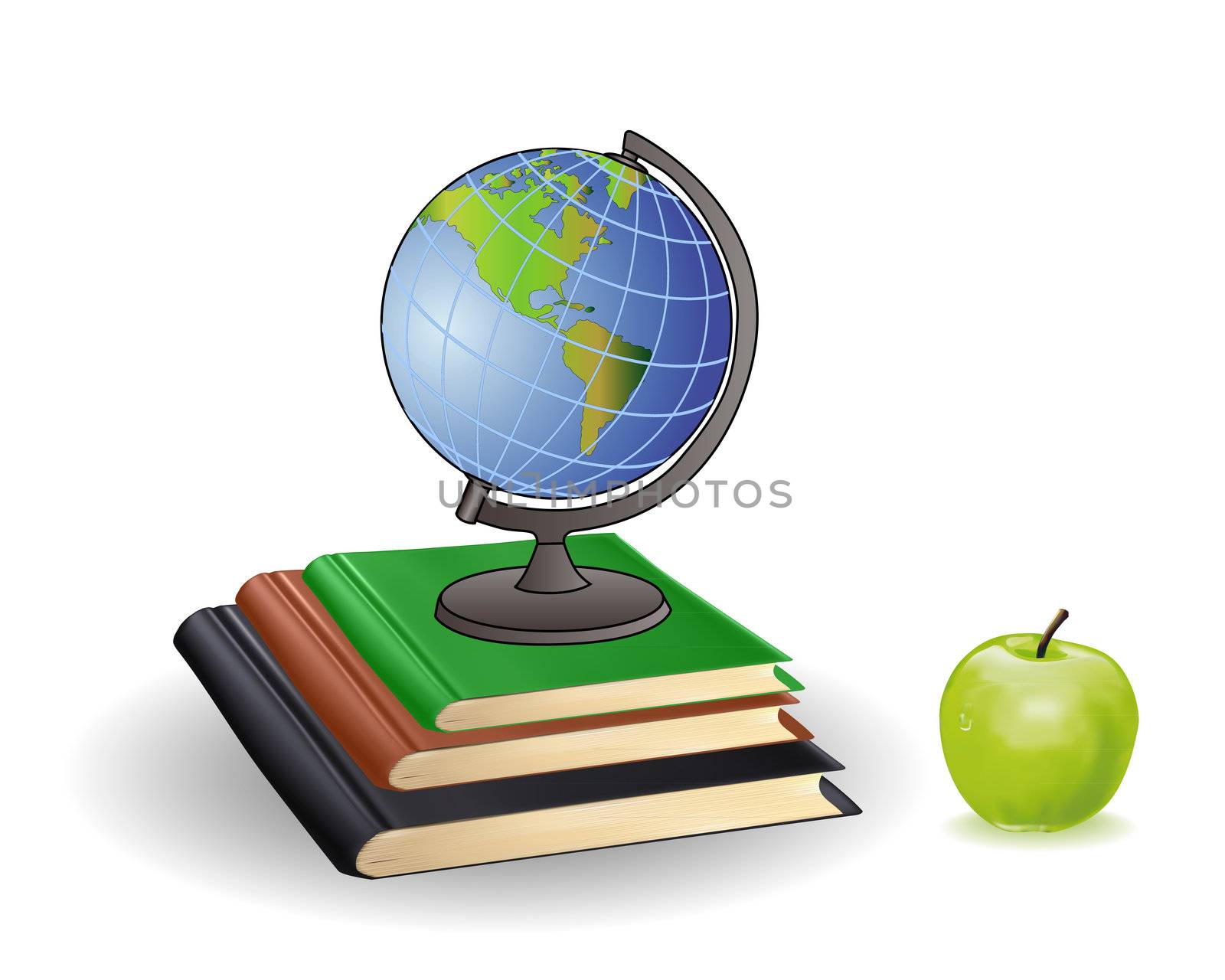 Globe books and green apple on a white background