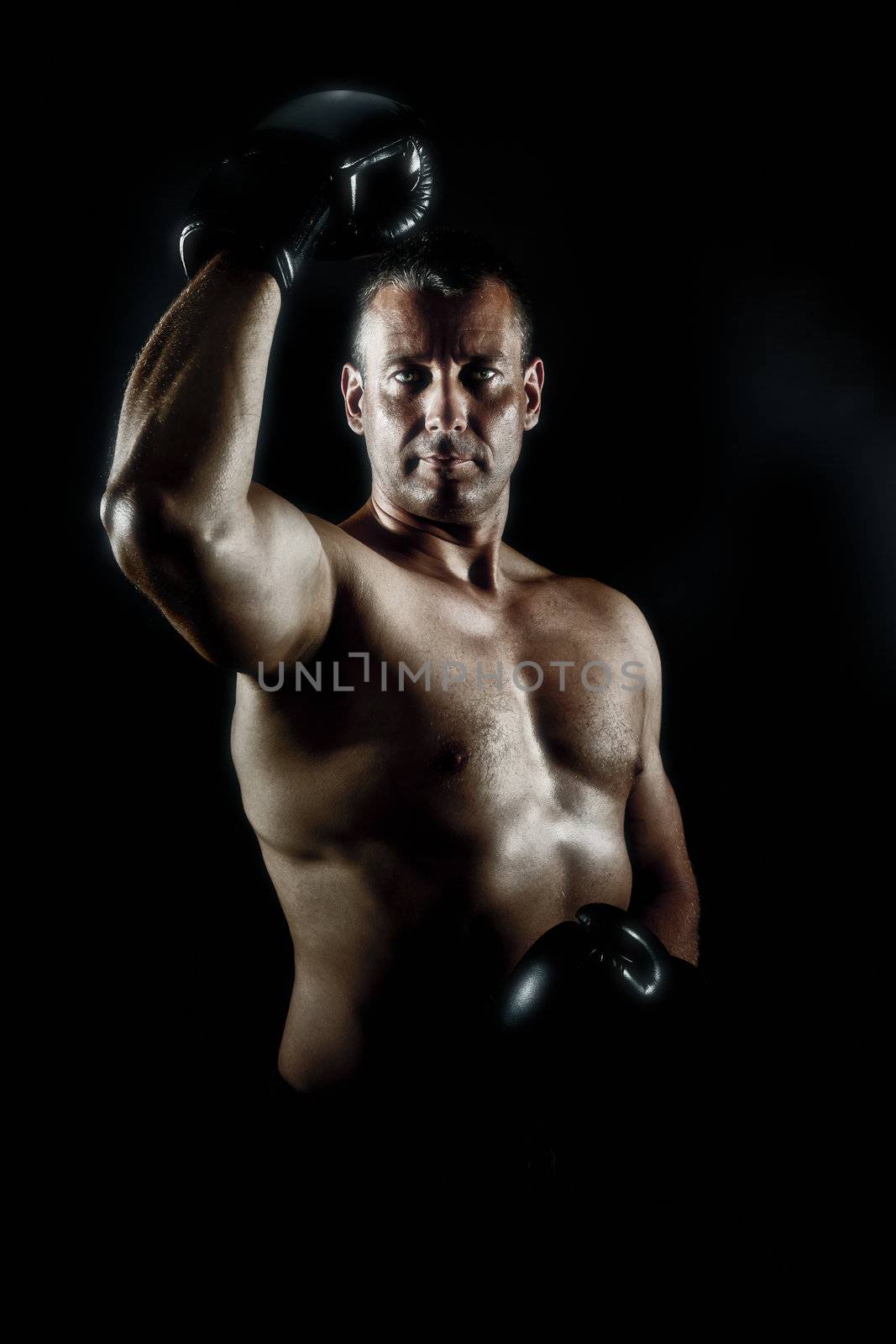An image of a muscular male in a heroic pose
