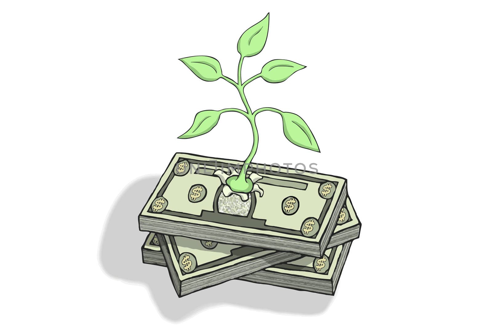 Plant emerging from a pile of dollar bills. Symbol for green economic growth.