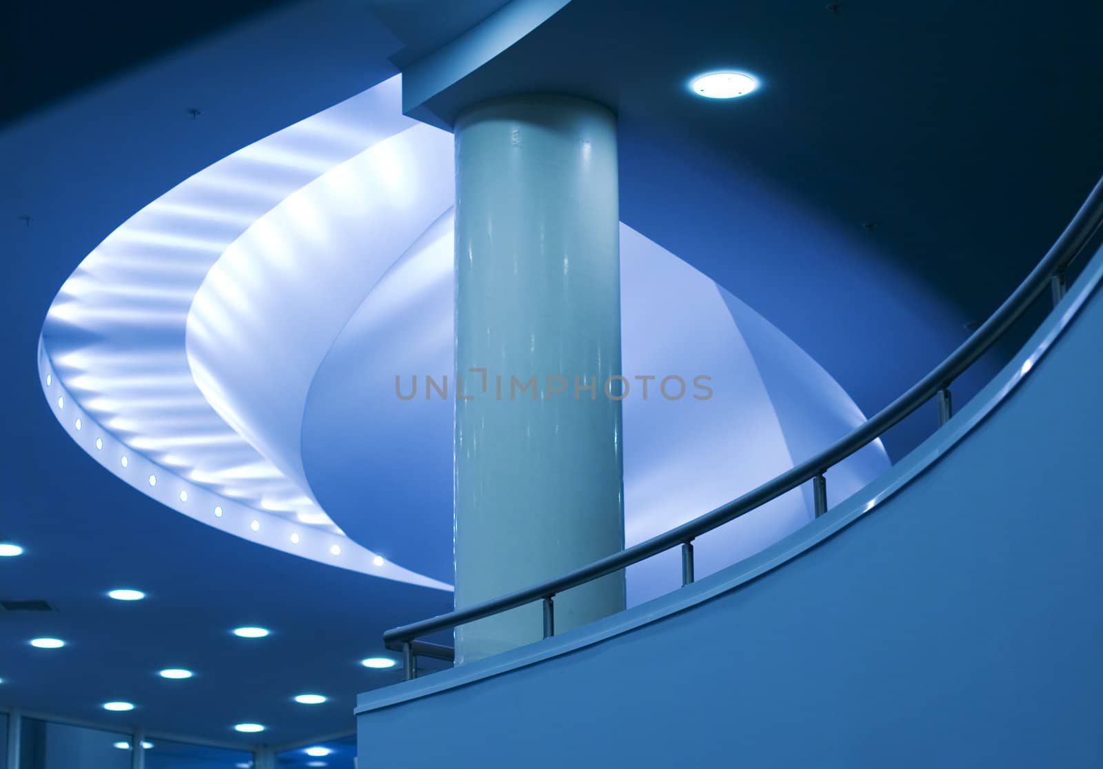 abstract interior in blue, column and lights