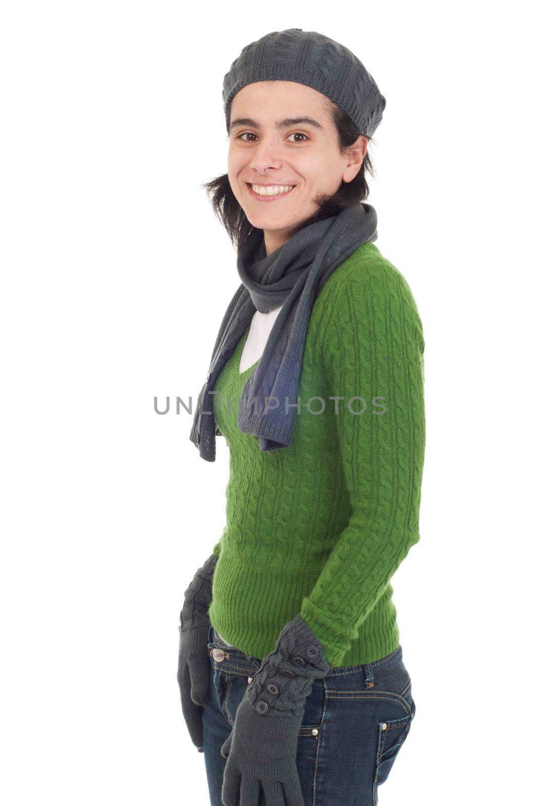 lovely winter woman posing with scarf, gloves and hat (isolated on white background)